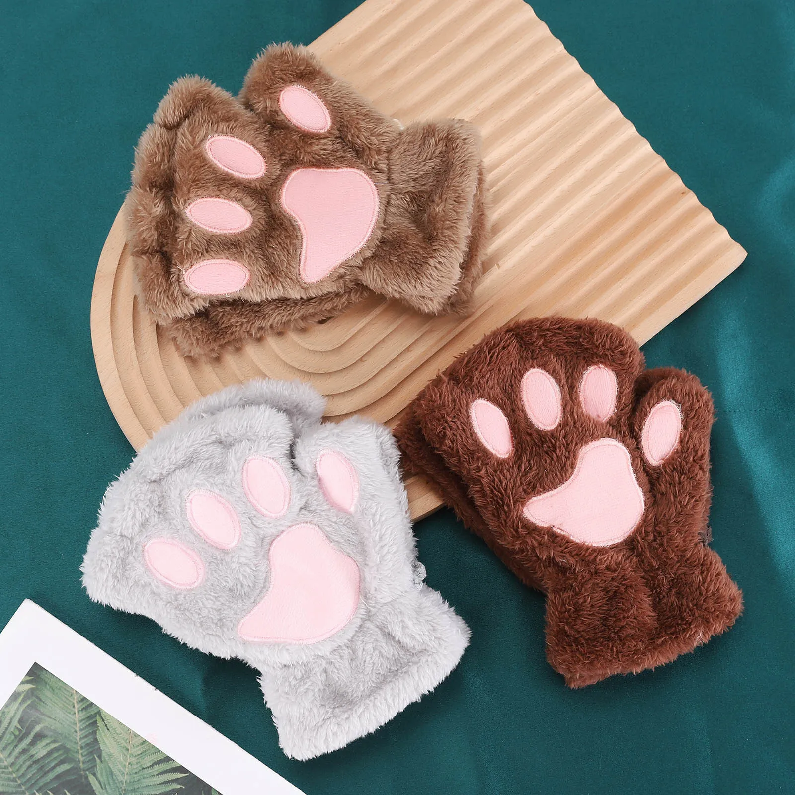 

Women Cartoon Cat Claw Gloves Girls Thickened Plush Lovely Style Bear Paw Exposed Fingers Half Finger Winter Warm Gloves