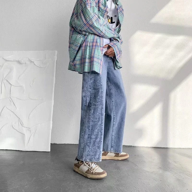 

Джинсы мужские свободные с широкими штанинами, трендовые прямые брюки из денима в стиле оверсайз, с прострочкой, в стиле хип-хоп, всесезонные, 2022