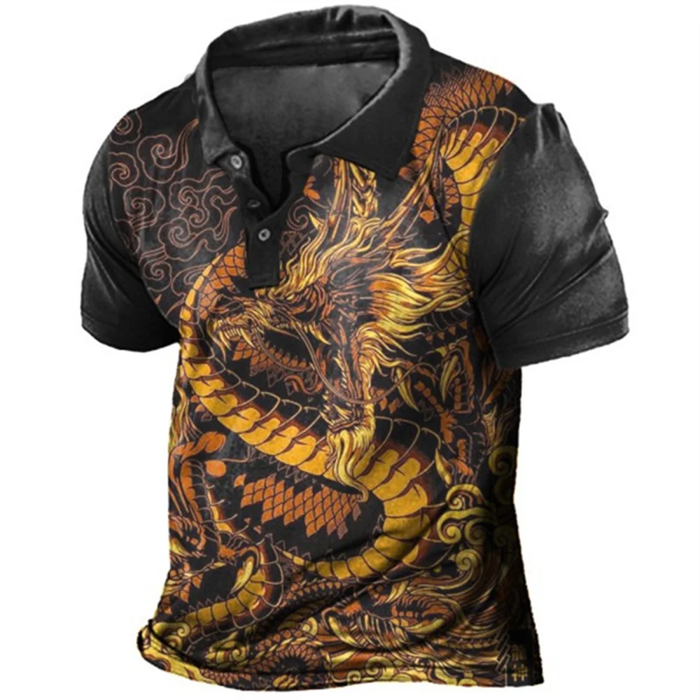 Man Polo Shirts Dragon Printed Summer Men's Shirts Vintage Male Short Sleeve Tops Casual Oversized Clothing Lapel Button Tshirts