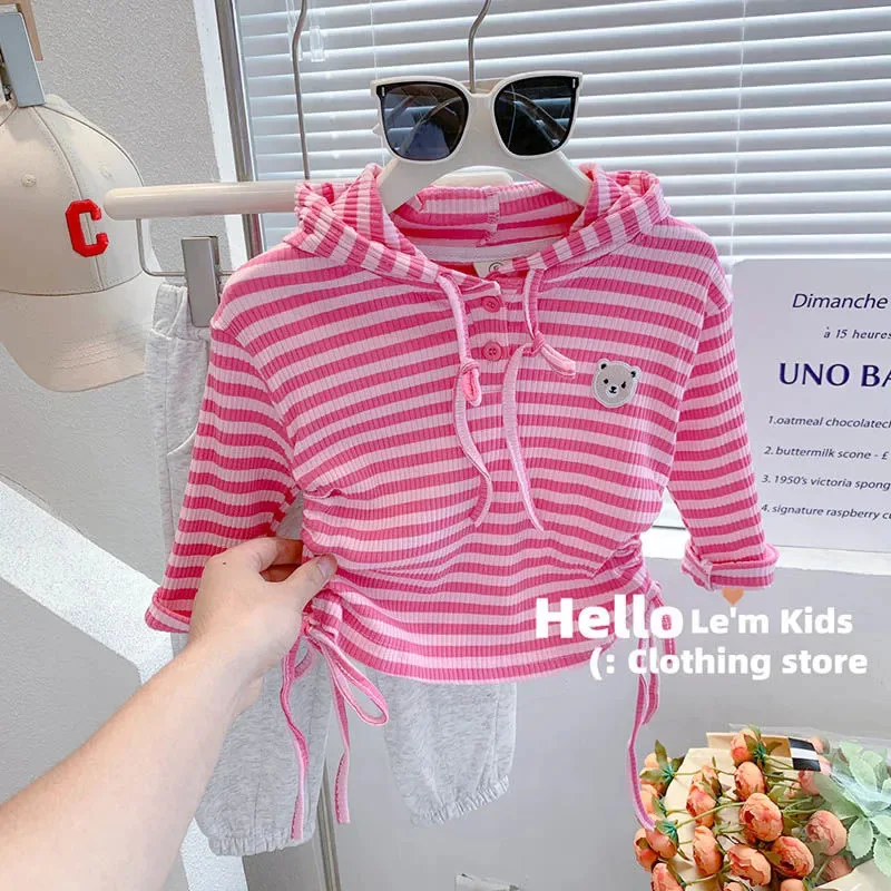 

Spring Autumn Kids Cartoon Striped Drawstring Sweatshirt Baby Girls Pullover Jumper Child Outfits Tracksuit Hoodie Tops 1-10 Yrs