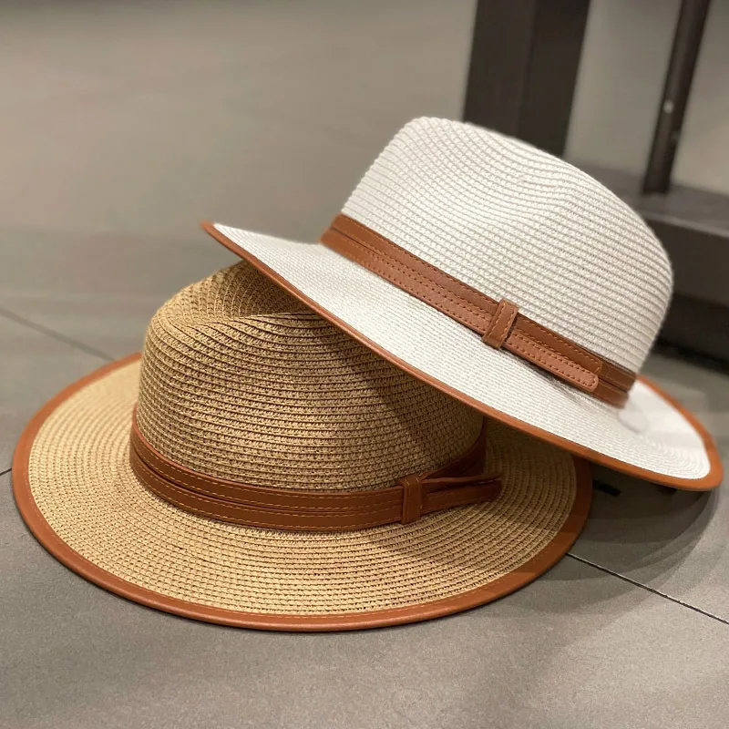 Flat Brim Sun Hat leather buckle design Panamanian Jazz straw hat women summer fashion versatile beach vacation sunscreen hat