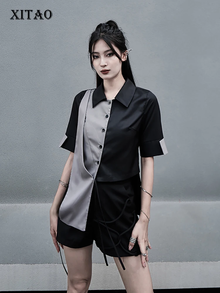 

XITAO Asymmetrical Women Shirt Contrast Color Patchwork Top Summer New Personality Half Sleeve Shirt 2023 Street Trend HQQ1092