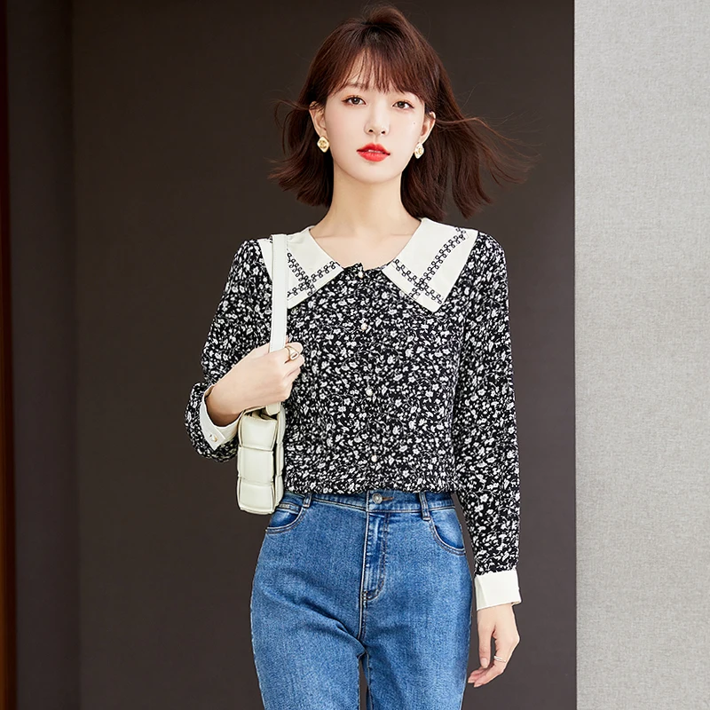 

Women Tops Vintage Elegant Long Sleeve Floral Shirt 2022 Autumn Office Lady Korean Style Temperment Loose Casual Blouse A1756