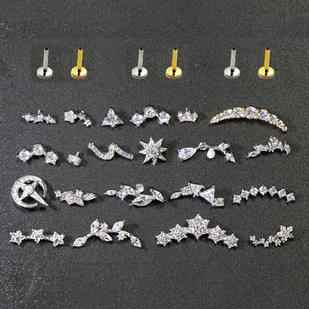 

16G Butterfly Flower Leaf Heart Snow Moon Snake CZ Zircon Labret Stud Daith Conch Earrings Lip Internal Thread Helix Piercing