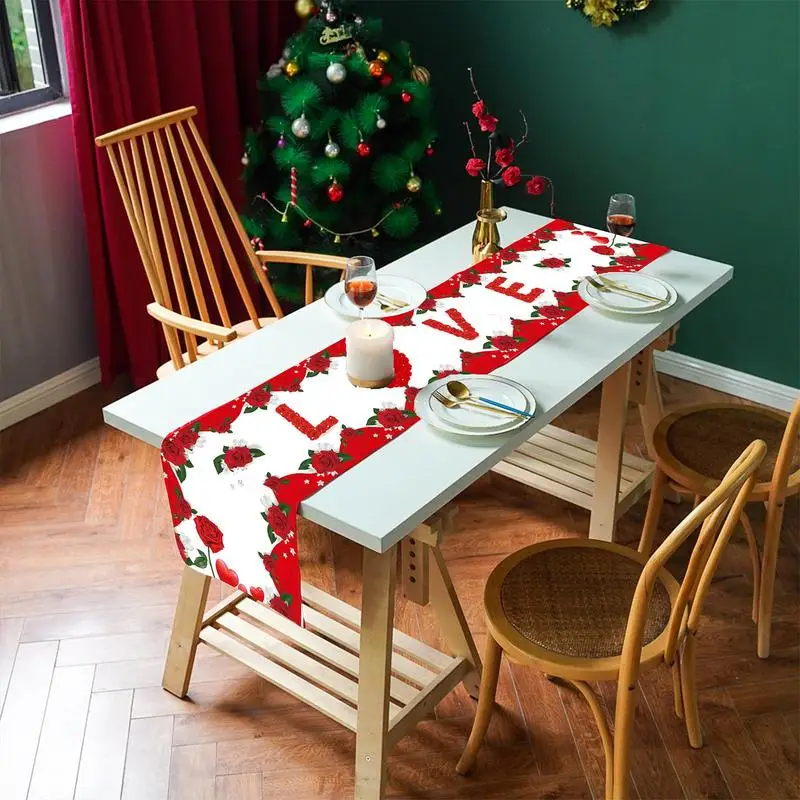 

1pcs Valentines Day Table Runner Christmas Bed Table Runner Flag Cloth Cover Tablecloth Kitchen Wedding Party Decor