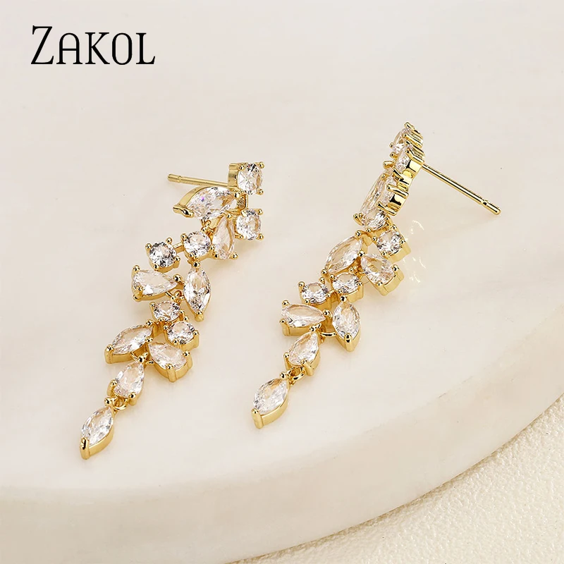 Украшения Женские ukol с фианитами длинные в форме листьев для невесты EP5327