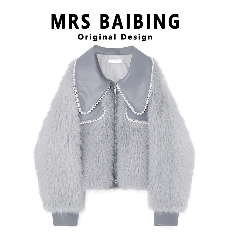 Socialite Beaded Faux Fur Coats Woman Winter 2022 New Warm Chic Long Sleeve Doll Collar Lamb Wool Coat Women's Winter Clothing