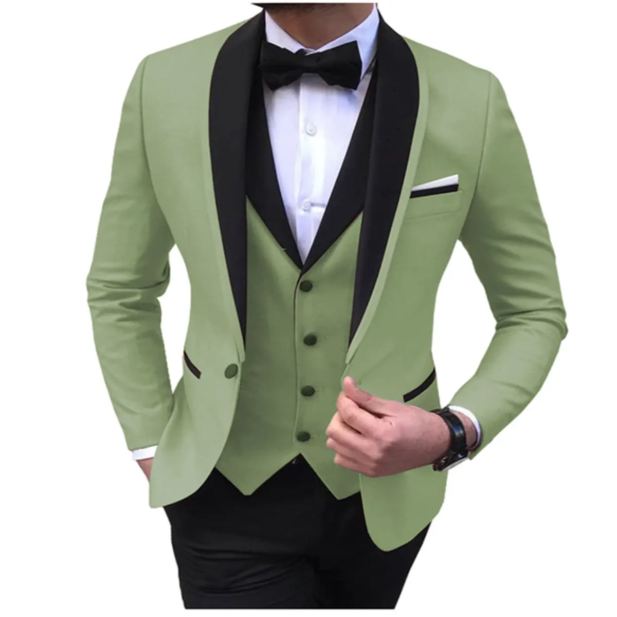 Blue Slit Mens Suits 3 Piece Black Shawl Lapel Casual Tuxedos for Wedding Groomsmen Suits Men 2022 (Blazer+Vest+Pant)