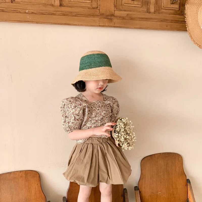 

Summer Elegant Littl Girls Clothes Flower Short Sleeve Shirt&Bract Skirt 2 Pieces Fashion Korean Children Clothing Outfits Set