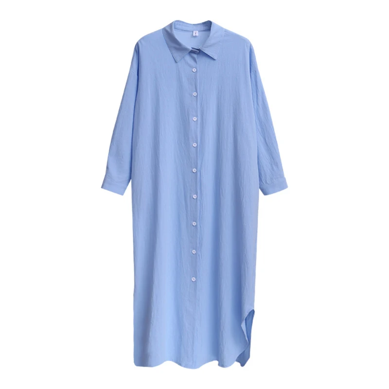 

Blue White Shirt Dress for Women Linen Cotton Clothing 2022 Spring Summer Casual Vintage Oversized Split Long Midi Dresses