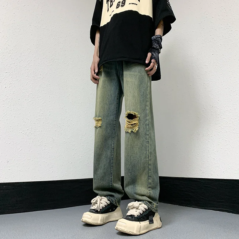Summer Ripped Baggy Jeans Men Fashion Retro Hole Straight Jeans Men Japanese Streetwear Hip-hop Loose Denim Pants Mens Trousers
