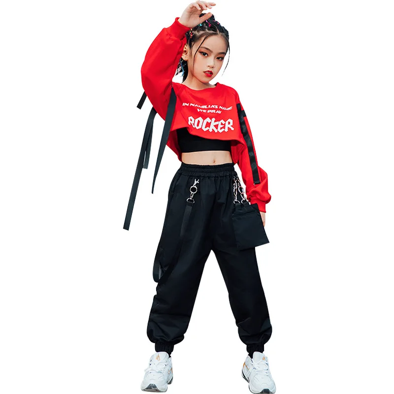 Girls Hip Hop Clothing Red Tops Black Pants Casual Overalls Street Dance Wear Jazz Performance Clothes Hip Hop Kids Wear