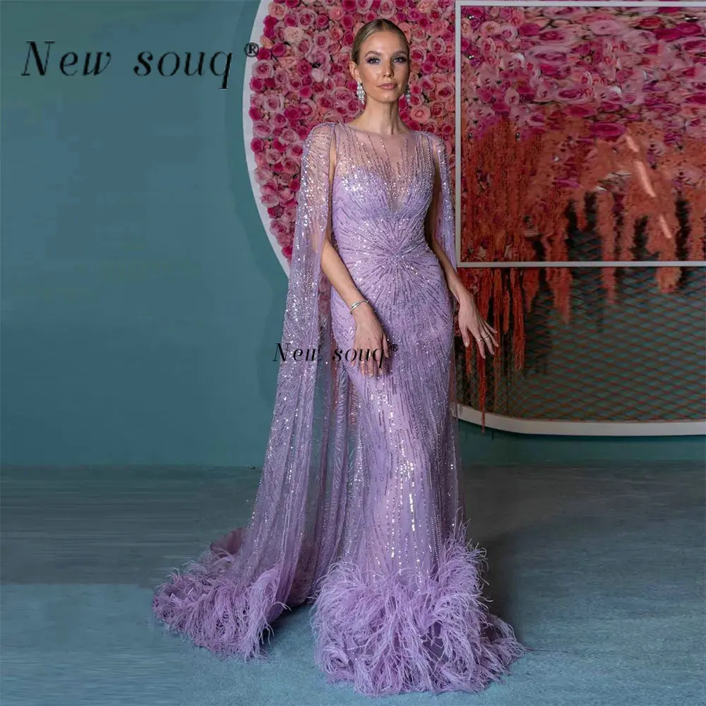 

Dubai Lilac Feathers Evening Dresses with Long Shoulder Cape 2023 Arabic Sparkle Sequins Elegant Women Wedding Party Prom Gowns