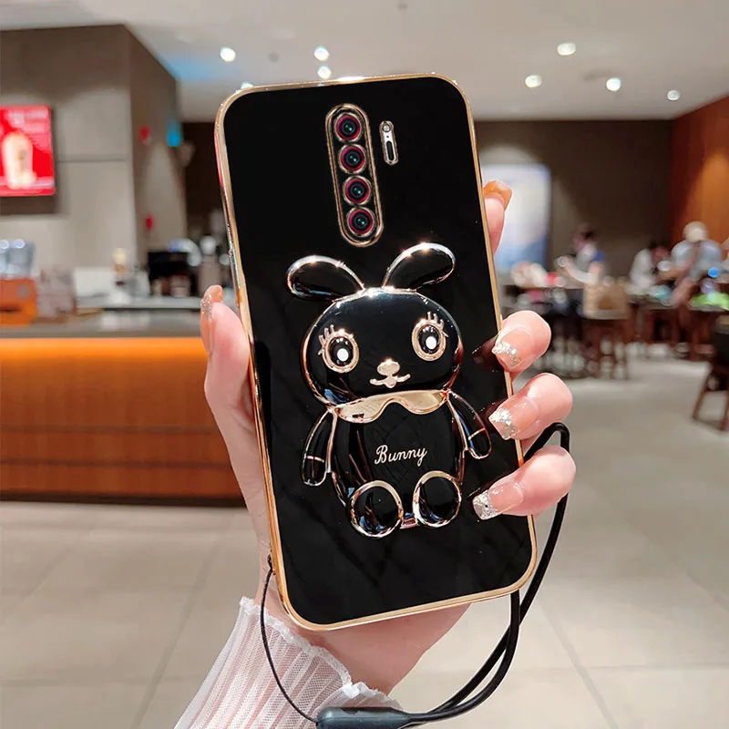 Cute Cartoon Rabbit Fold Stand For Xiaomi Redmi Note 8 Pro Phone Case With Lanyard Luxury Plating Cover