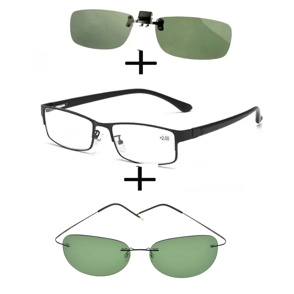 

3Pcs!!!rectangular Metal Black Business Reading Glasses Men Women + Polarized Sunglasses Pilot Thin Leg Frame + Sunglasses Clip