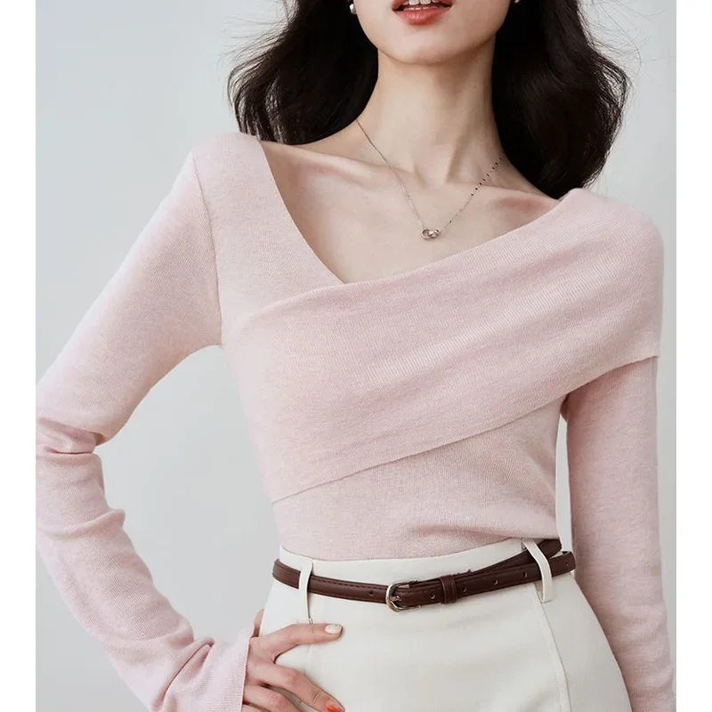 Вязаный топ для похудения во французском стиле с открытыми плечами новинка весны