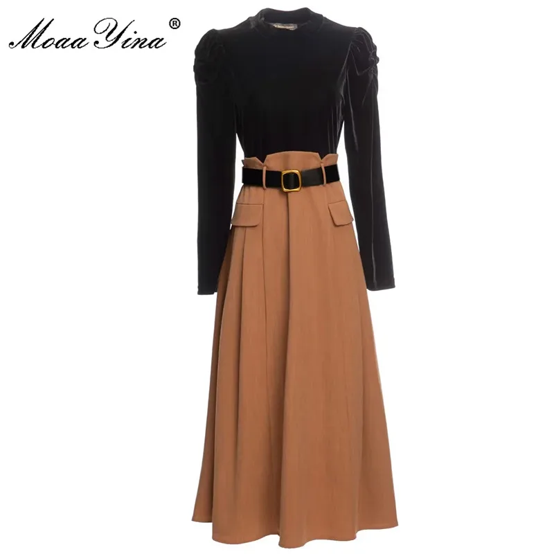 MoaaYina Fashion Designer dress Autumn Winter Women's Dress Long Sleeve Black Velvet Patchwork Belt Midi Dresses