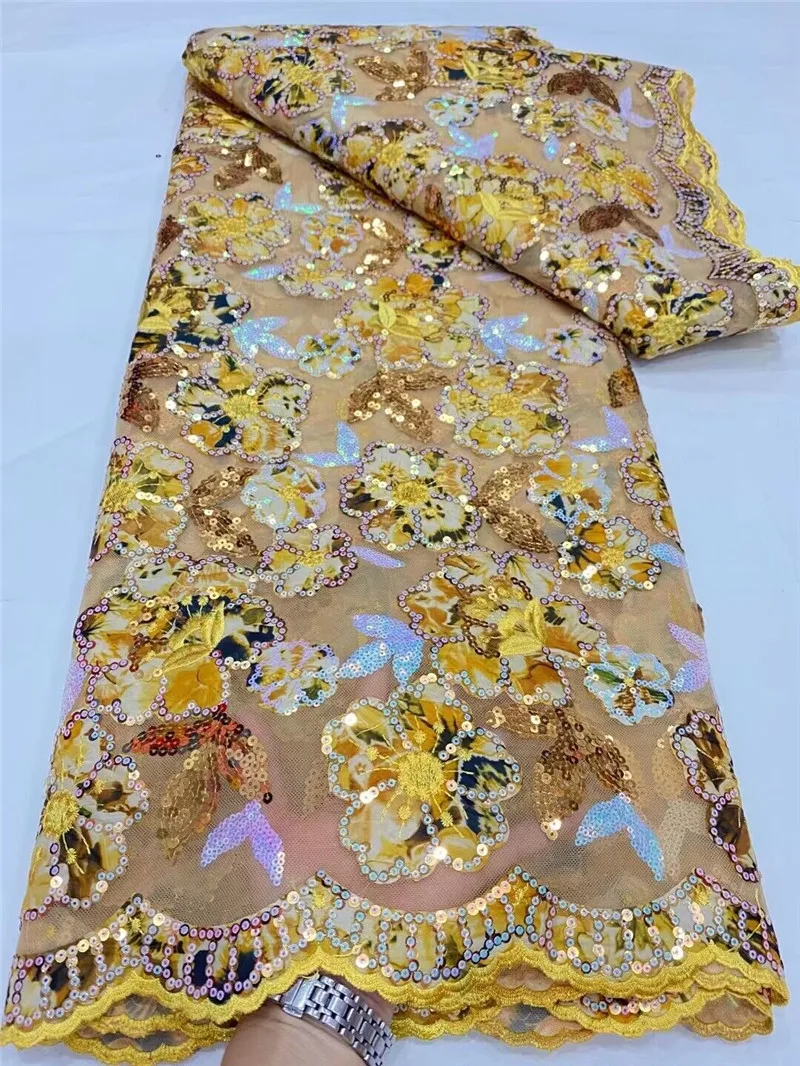 

Новейшая африканская кружевная ткань с блестками, яркий материал, 5 ярдов ткани, африканская кружевная ткань для платья PN76