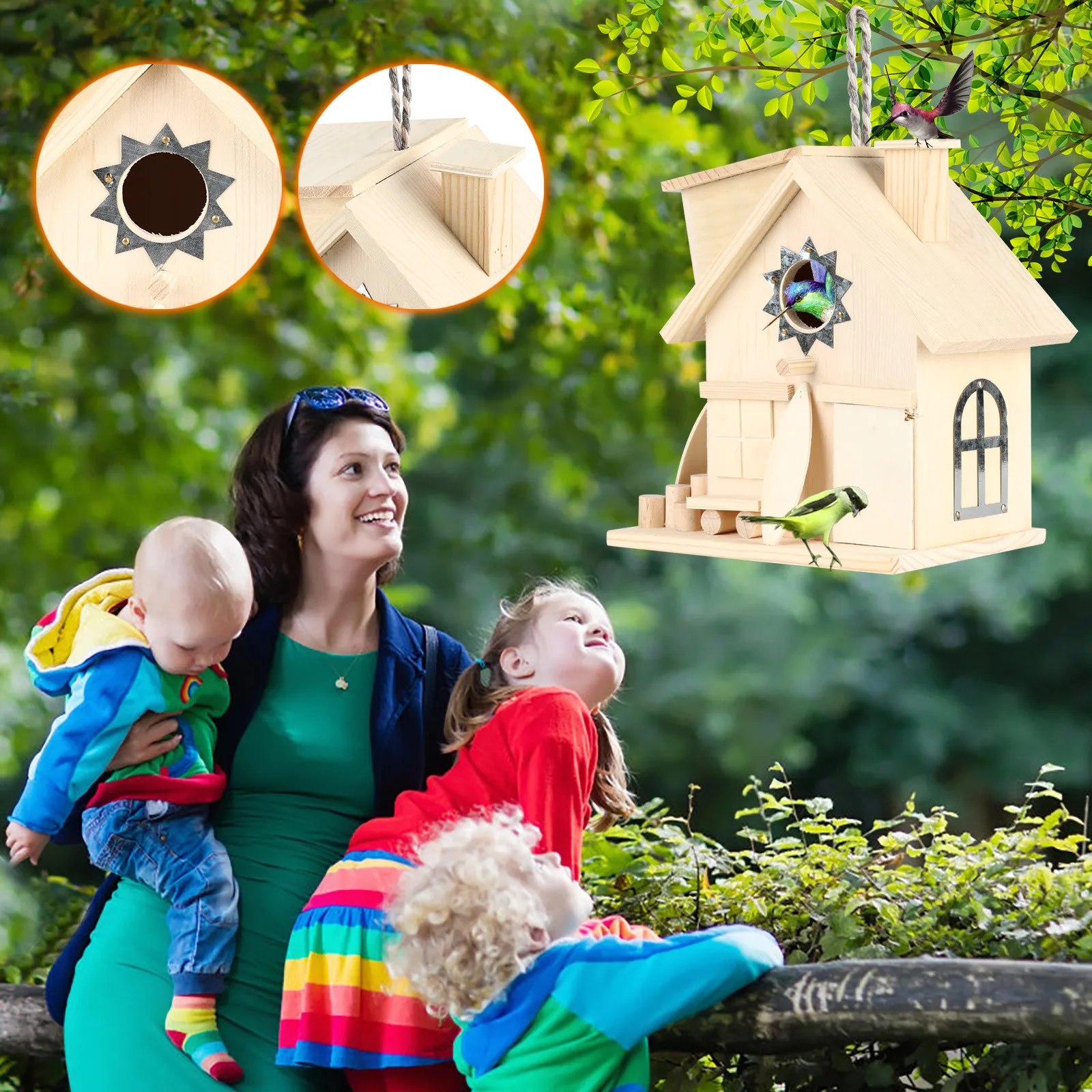 

Heated Water Bowl Battery Operated Decoration Bird Nests Nesting Box Garden House Wooden Hanging Bird 3 Feeders for outside