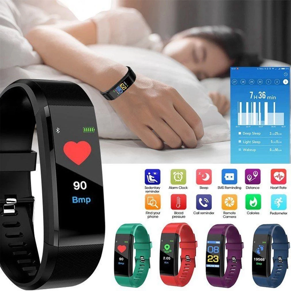 Hot 115 Plus Bluetooth Sports Smart Bracelet Fitness Tracker Wristband HeartRate Monitor Waterproof Digital Wristwatch Universal