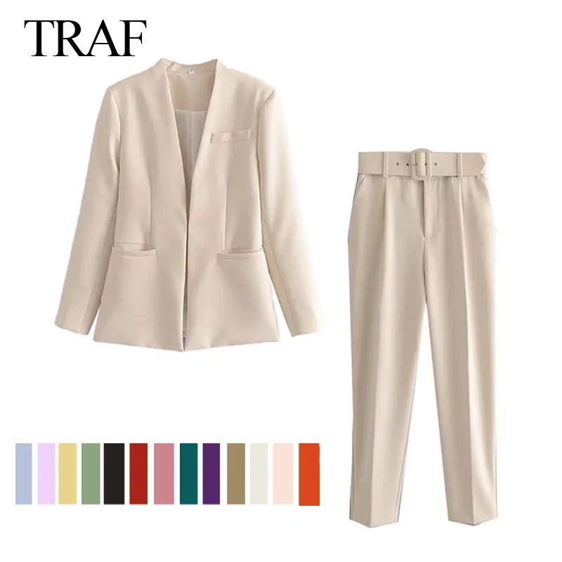 

TRAF Women Set Fashion Office Suit Pantsuit Simple Solid Color Suit Collar Long Sleeve + Trousers 2 Piece Set