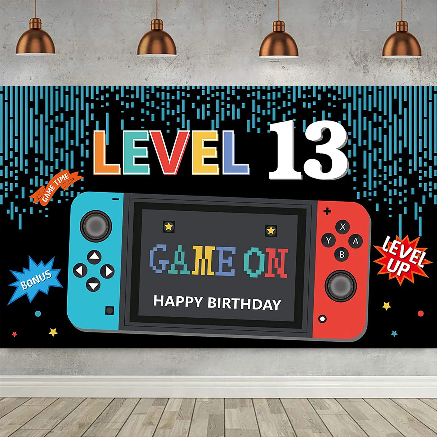 

Happy 13th Birthday Party Decor Banner Backdrop Blue 13 Years Old for Boy Official Teenager Photography Background Video Game
