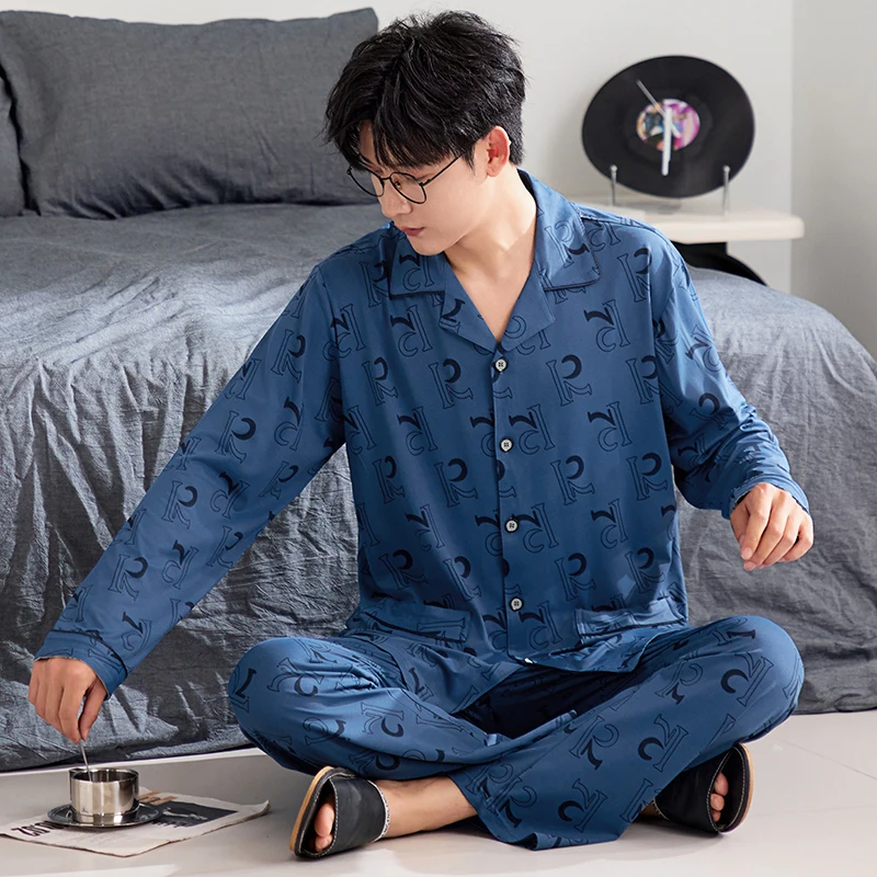 Мужские пижамы хлопковые осенние брюки с длинным рукавом кардиган на весну и