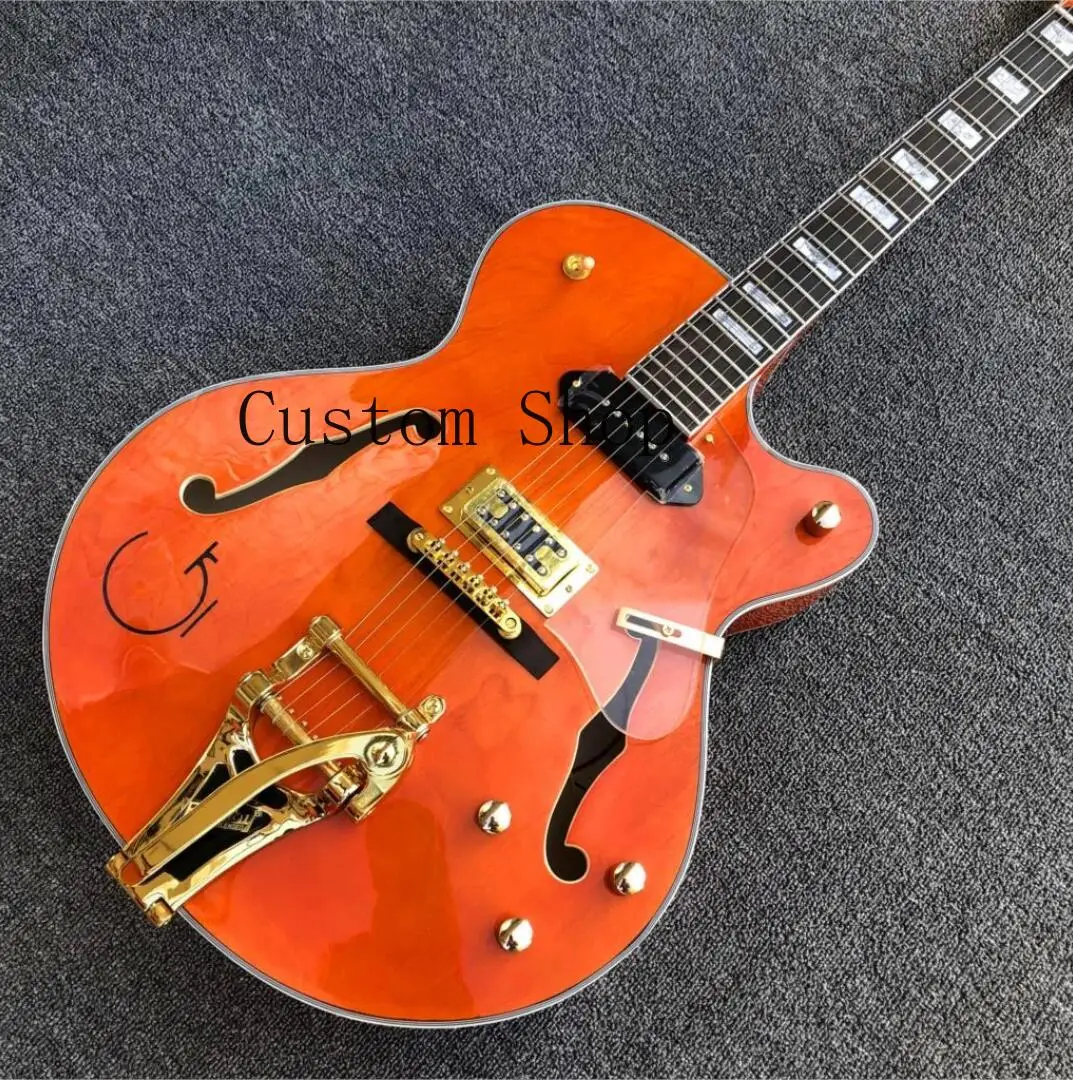 

Orange G6120 Eddie Cochran Tribute Jazz Semi Hollow Body Electric Guitar Bigs Tremolo Bridge, Black P 90 Pickup