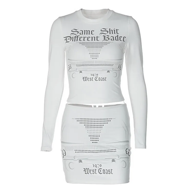 

Женский комплект из двух предметов с юбкой, винтажная одежда на весну и осень, Топ с длинным рукавом и мини-юбка с надписью, сексуальный клубный комплект одежды из двух предметов