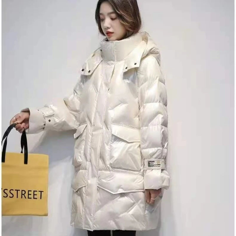 Woman White Duck Down Jacket Female Winter Warm Coat Casual Hooded Down Jacket Ladies Midi-length Windproof Portable Jacket G207