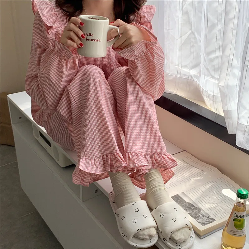 Pajama Set Plaid Homewear Two Piece Set Women Sleepwear Long Sleeve Tops Pants Pyjama Loose Korean Ladies Home Suit Ruffles