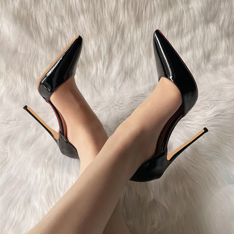 

2023 New Designer D'orsay High Thin Heel Black Patent Open One Side Women Lady 120mm Shoes Pump On Sale Plus Size 44 45 46 33