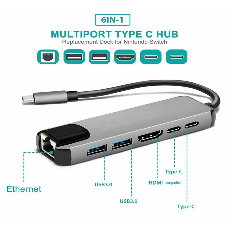 

Type-C Hub to Ethernet RJ45 4K HDMI-compatible USB 3.0 2.0 C Dock Adapter for MacBook Samsung S20 Dex Xiaomi 10 TV PS5