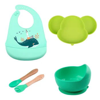 Baby Tableware Silicone Dishes Non-slip Children's Dishes Suction Bowl Cup Spoon Fork Sets BPA Free Silicone Bibs