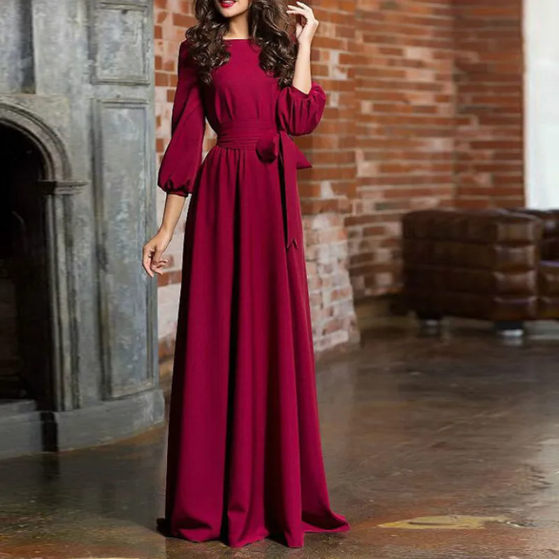 woman 2021 New Round Neck Long Dress Bohemian Retro Lantern Sleeve Casual Dress One-piece Dress