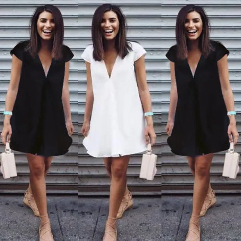 

New in Size Women Solid Shirts Dress Long Sleeve V-Neck Pleated Loose Dress Female Sexy Blouse Vestido Plus Size Black White Hot