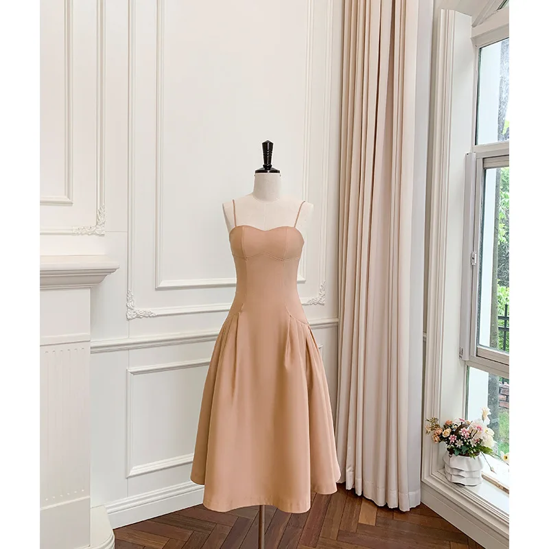 

2022 Summer New Elegant Champagne Sling Mid-length Dress Women Daily Wear Slim Sexy Dresses Wedding Party Gifts