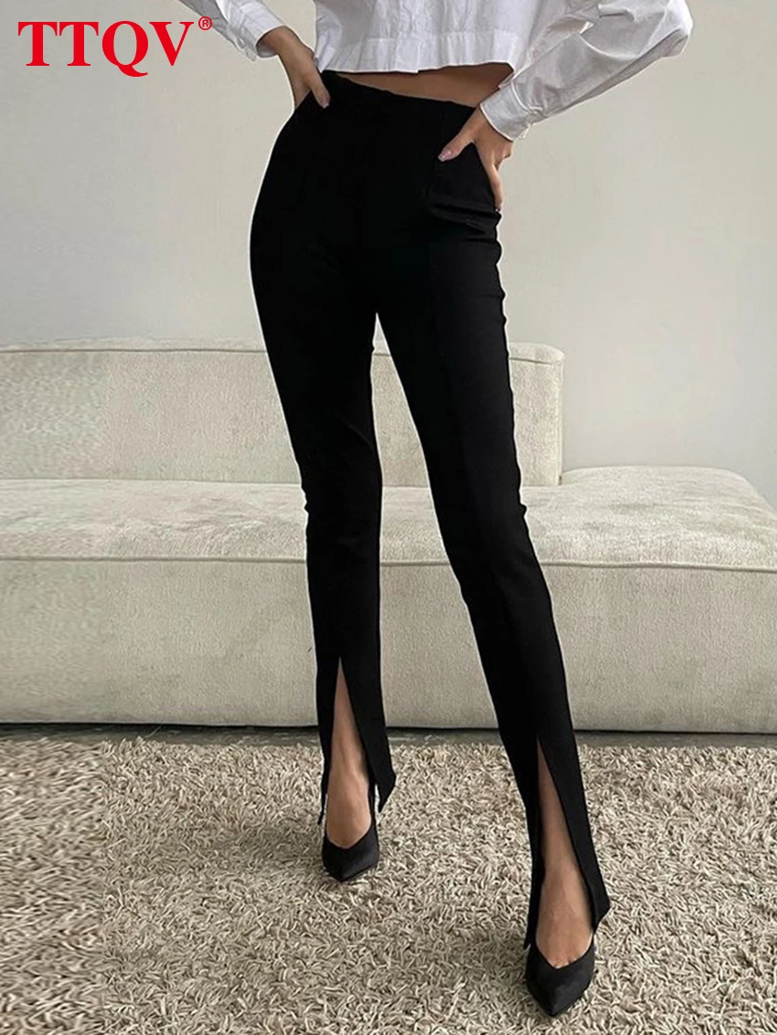 

TTQV Elegant Slim Black Women's Pants 2023 Fashion High Waisted Solid Trousers Casual Slit Full Length Pants Female Clothing