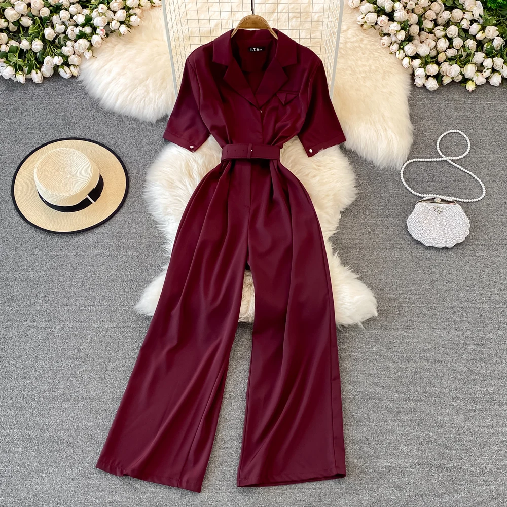 

Женский офисный Облегающий комбинезон, повседневный длинный комбинезон макси в полную длину с английским воротником и высокой талией, лето 2022