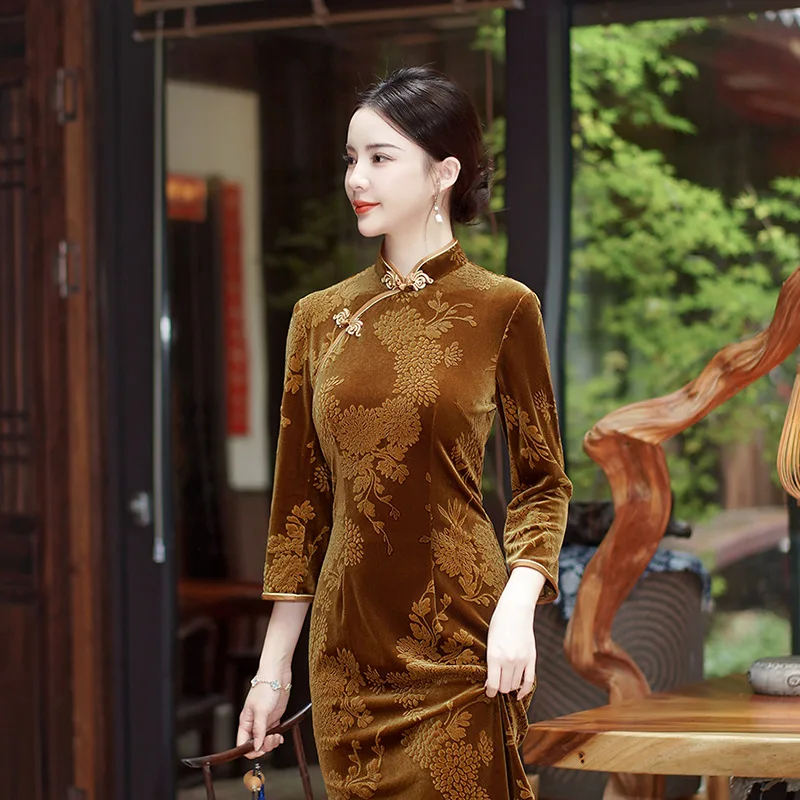 Женское осенне-зимнее велюровое длинное винтажное свадебное платье в китайском