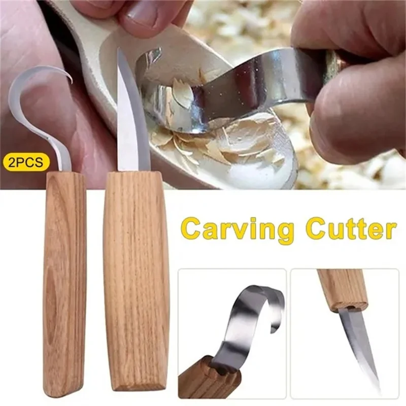 

2PCS Wood Carving Cutter Woodwork Sculptural DIY Wood Handle Spoon Hook Stainless Steel Carving Knife Woodcut Art Craft Tool