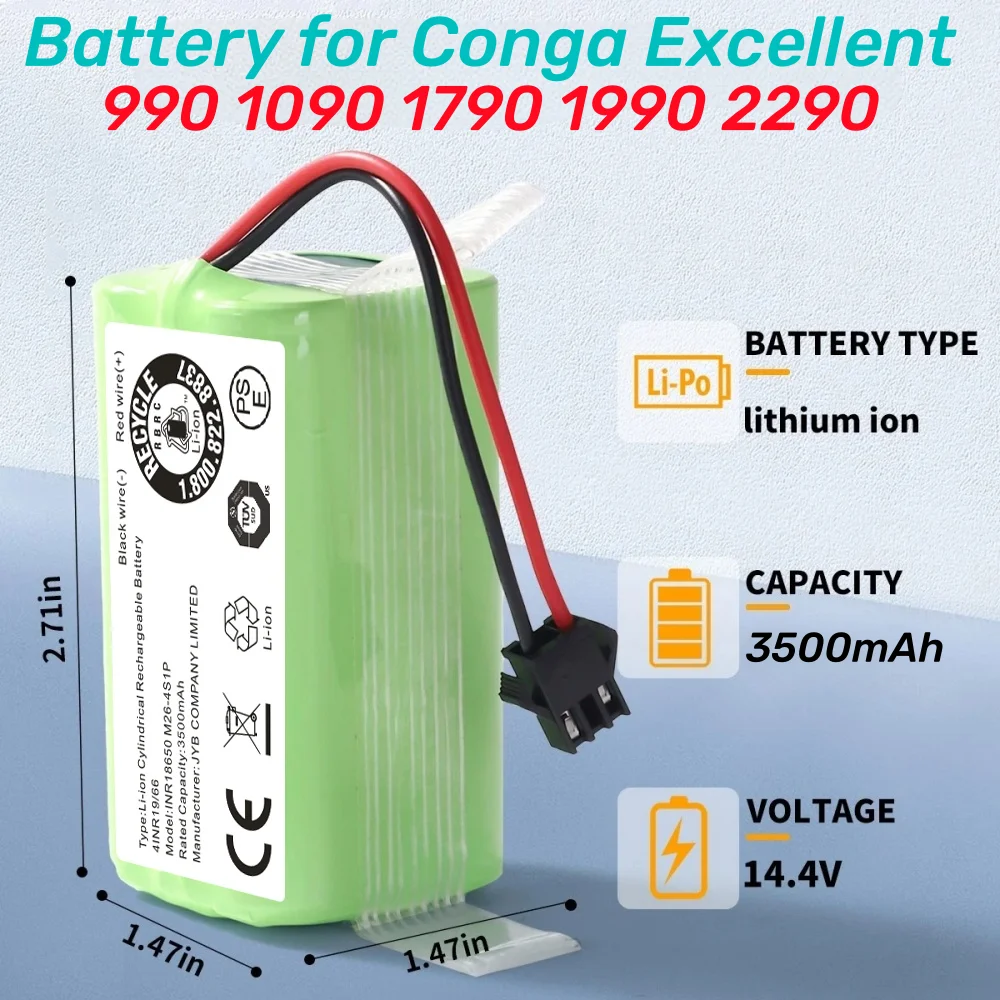 Фото Аккумуляторная батарея Li-ion 14.4V 3500mAh для Conga Excellence 950 990 1090 1092 1190 1790 1990, Robovac 11S 15C 30C Max, NETBOT S14 S15. №1