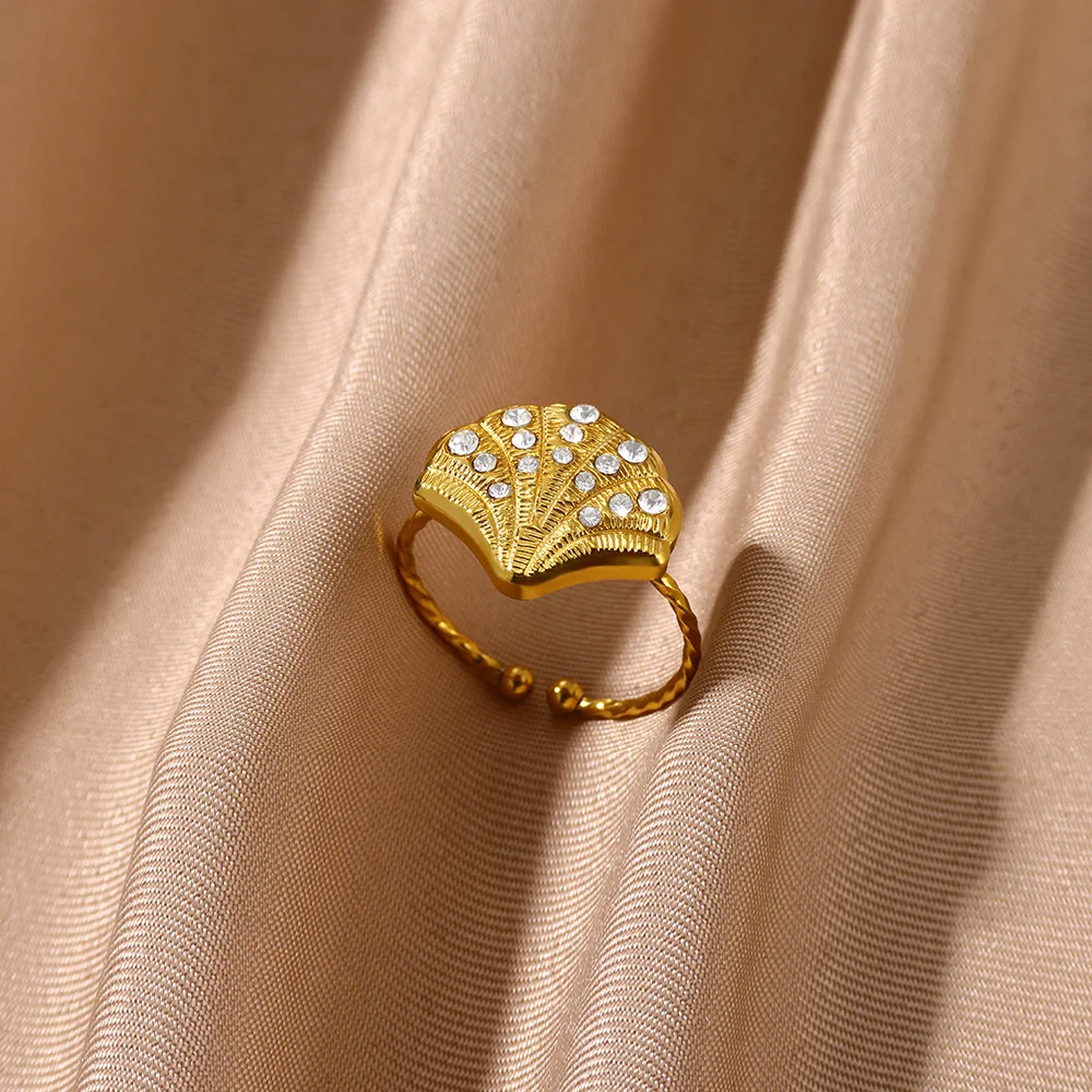 Delikatny pierścionek z cyrkonią dla kobiet złoty kolor muszla ze stali nierdzewnej otwarte pierścionki Vintage ślub para biżuteria akcesoria