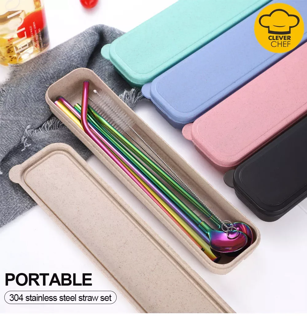 

NEW2022 7pcs/set 304 Stainless Steel Straw Set Creative Portable Box Household Environmental Protection Drinking Straw Spoon wit