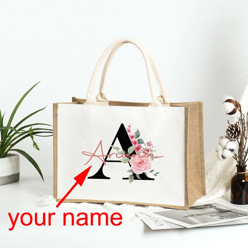 

Custom Name Burlap Tote Shopper Bridesmaid Jute Gift Bag Linen Personalized Bridal Party Bachelore Wedding Goodie Bag Girls Trip