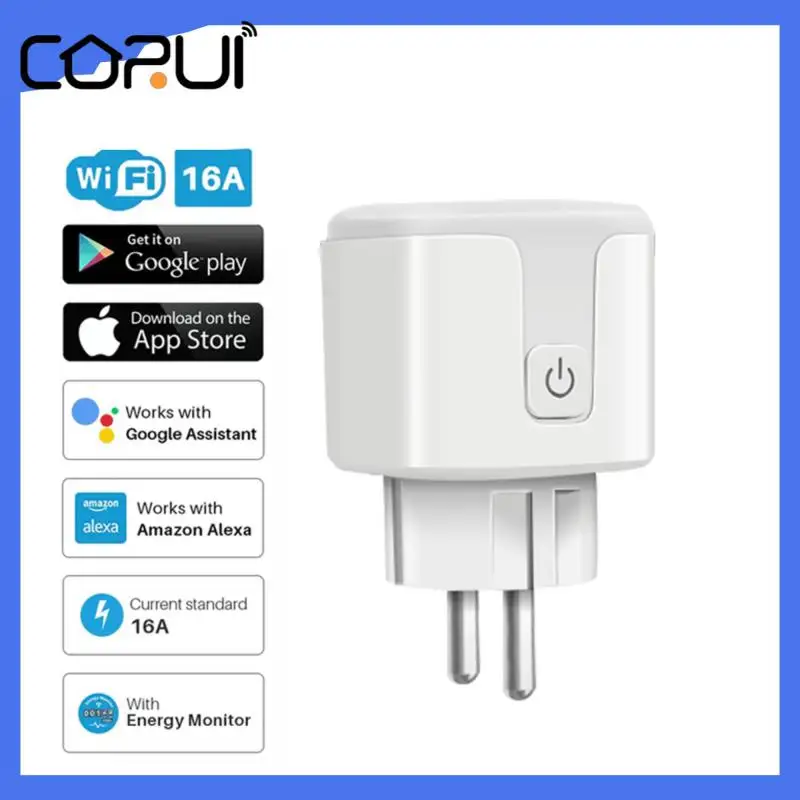 

CORUI EU Tuya WiFi Smart Plug 16A Adapter Wireless Remote Voice Control Power Monitor Timer Socket For Alexa , Google Assistant