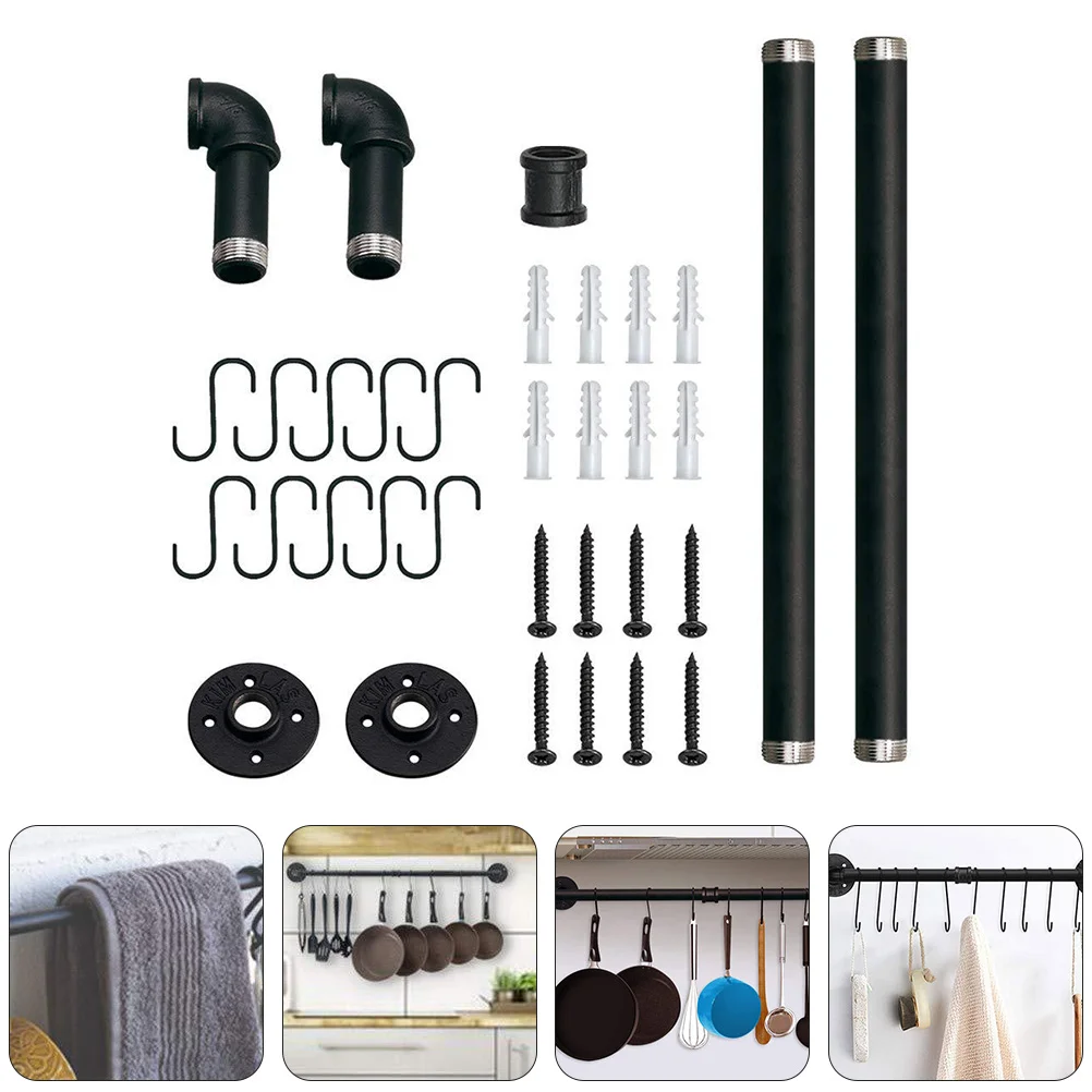 

1Pc Iron Kitchen Storage Rack Wall Mount Utensil Rack with Hooks (Black)