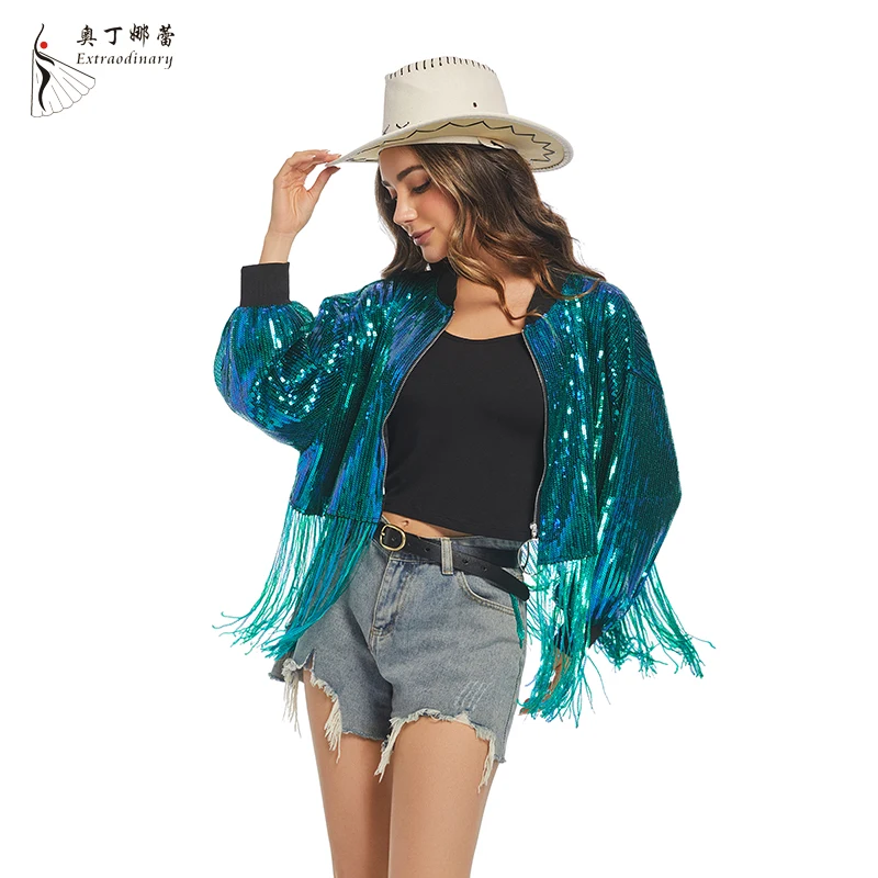 Женские куртки с кисточками и блестками длинным рукавом молнией спереди