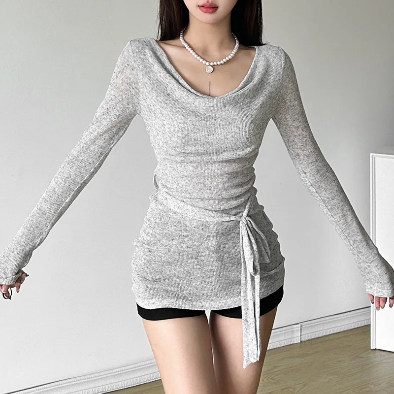 Женская трикотажная футболка с длинным рукавом и воротником-стойкой