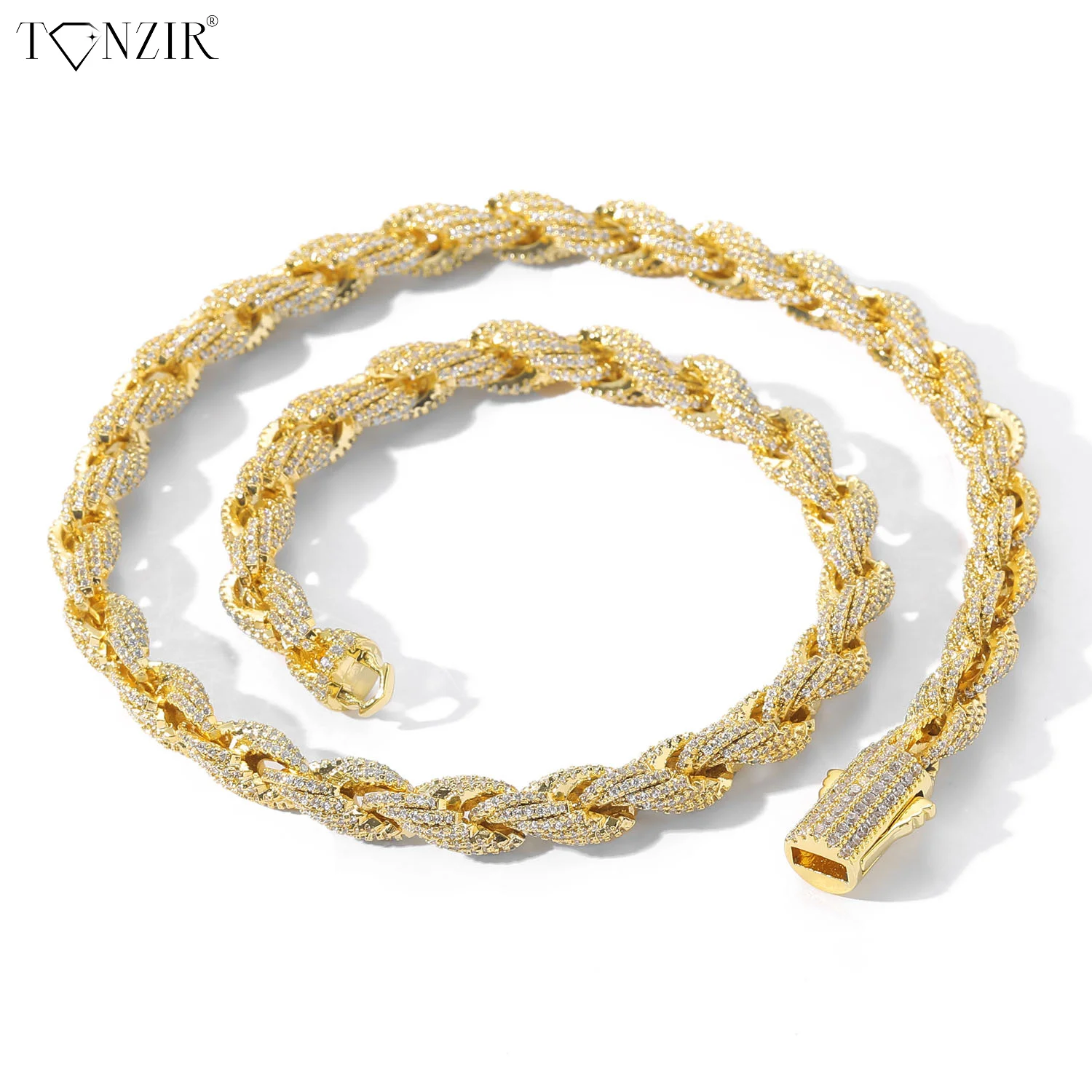 

TON ZIR Hip-hop Necklace for Men women Full of Zirconia Stones 8mm Twisted Rope Chain Necklace teen girl accesso Accessories